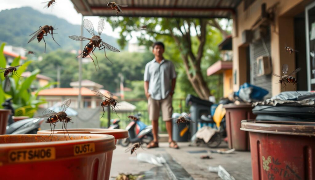 A close-up scene illustrating the risk factors for dengue fever transmission. In the foreground, a detailed, realistic depiction of aedes mosquitoes, their distinctive markings visible, buzzing around. In the middle ground, a person in modest casual clothing stands in an urban environment, surrounded by potential breeding sites like standing water in containers and garbage. The background features a vibrant jungle landscape and residential buildings, highlighting the contrast between urban and natural environments. Soft, natural lighting emphasizes the humidity of the atmosphere, creating a slightly ominous mood. The angle is slightly tilted upward, giving a sense of height, making the scene feel more immersive while focusing on the elements that contribute to the risk of dengue transmission.