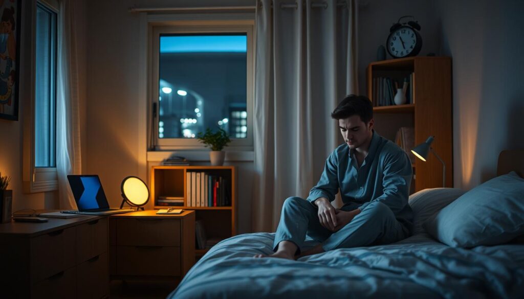 A cozy bedroom setting at night, softly illuminated by a warm bedside lamp. In the foreground, a person sits on the edge of the bed, looking pensive and weary, dressed in comfortable yet professional loungewear. Surrounding them are various subtle elements contributing to sleep disturbances: a buzzing phone, an open laptop, a clock showing late hours, and a partially open window letting in street lights. In the middle-ground, shelves with books and a small houseplant bring a touch of calmness, while shadows loom slightly, adding a layer of tension. The soft focus creates a dreamlike atmosphere, emphasizing the struggle against sleeplessness. The overall mood conveys a blend of quiet introspection and the urgency of coping with sleep issues.