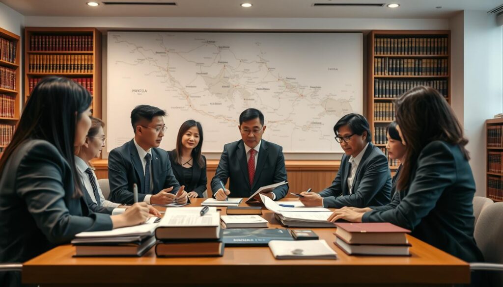 A detailed representation of the concept of "fungsi politik hukum" in Indonesia. Foreground: A diverse group of professional individuals in business attire, engaging in a discussion around a table filled with law books and documents, symbolizing collaboration and legal discourse. Middle ground: A large map of Indonesia on the wall, highlighted with key cities, illustrating the connection of legal policies across regions. Background: A well-lit library or conference room setting with bookshelves filled with legal texts, creating an atmosphere of knowledge and authority. Soft, ambient lighting enhances the focus on the group, while a slight depth of field blurs the background subtly, emphasizing the importance of the discussion. The mood is serious yet collaborative, reflecting the significance of legal politics in societal governance.