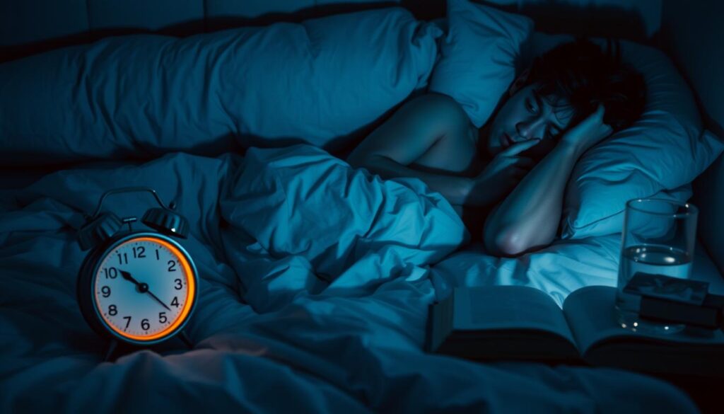 A dimly lit bedroom at night, showcasing a person in bed, tossing and turning, their expressions conveying anxiety and restlessness. The foreground captures the individual, a young adult in modest sleepwear, with disheveled hair and an illuminated alarm clock beside them displaying a time of 3:00 AM. In the middle ground, a disheveled pillow and crumpled bedding suggest discomfort. The background features faint shadows of a nightstand cluttered with a glass of water and a half-read book, enhancing the atmosphere of sleeplessness. Soft, cool blue lighting creates a somber and introspective mood, highlighting the struggle of insomnia and its impact on health and well-being. The overall composition emphasizes isolation and concern, reinforcing the challenges faced by those dealing with sleep disturbances.