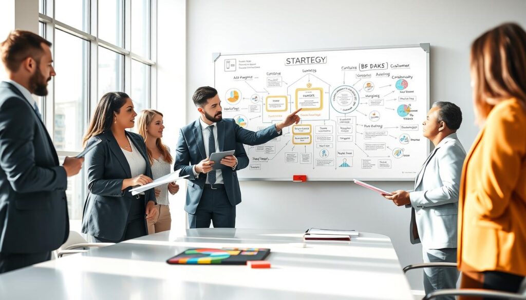 A dynamic business strategy meeting scene. In the foreground, a diverse group of four professionals in business attire, engaged in collaborative discussion around a sleek, modern conference table. One person points to a colorful chart illustrating business components, while the others examine documents and tablets. In the middle, a large whiteboard filled with diagrams and strategies, showcasing interconnected elements like market analysis, competitive advantage, and customer focus. The background features a contemporary office with large windows, allowing natural light to flood the space, creating an optimistic and productive atmosphere. Aim for a bright and vibrant color palette, with soft shadows to add depth, captured from a slightly elevated angle to encompass the whole scene.