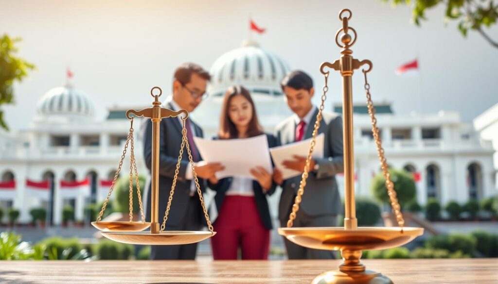 A dynamic representation of Indonesia's national legal system implementation, featuring a balanced scale symbolizing justice in the foreground. In the middle, a diverse group of three individuals in professional business attire, discussing legal documents, showcasing collaboration and debate. The background features iconic Indonesian government buildings with flag symbols and greenery, representing the country's legal framework. The scene is illuminated by soft, natural lighting that creates a sense of optimism, suggestive of progress and stability. Capture this moment from a slightly elevated angle for depth, focusing on the participants' engaged expressions, embodying dedication to legal reforms in Indonesia. The overall mood is professional, hopeful, and forward-looking, illustrating the essence of legal politics in harmony with national interests.