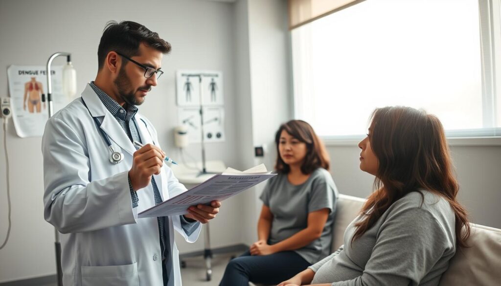 A healthcare professional in a modern clinic setting, attentively examining a patient's charts on dengue fever treatment. In the foreground, the doctor, dressed in a crisp white coat, is holding a syringe and discussing treatment options with a concerned patient, who is seated nearby and wearing modest, casual clothing. The middle ground features medical equipment like an IV stand and a blood pressure monitor, while a poster on the wall illustrates symptoms of dengue fever. The background is softly lit with natural daylight filtering through large windows, creating a calm and reassuring atmosphere. The overall mood is focused and professional, emphasizing the importance of proper treatment for dengue fever.