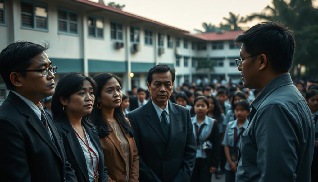 A somber scene depicting the aftermath of a controversy involving a teacher in Indonesia. In the foreground, a diverse group of teachers in professional business attire, looking concerned and engaged in a discussion. The middle ground features a school building with subtle signs of unease, like closed windows and a slightly darkened atmosphere. In the background, a blurred crowd of students in uniforms, reflecting confusion and curiosity. The lighting is soft yet moody, suggesting an evening setting, with shadows that hint at the seriousness of the situation. The composition is captured from a slightly elevated angle, conveying a sense of urgency and reflection on societal issues within the education system.