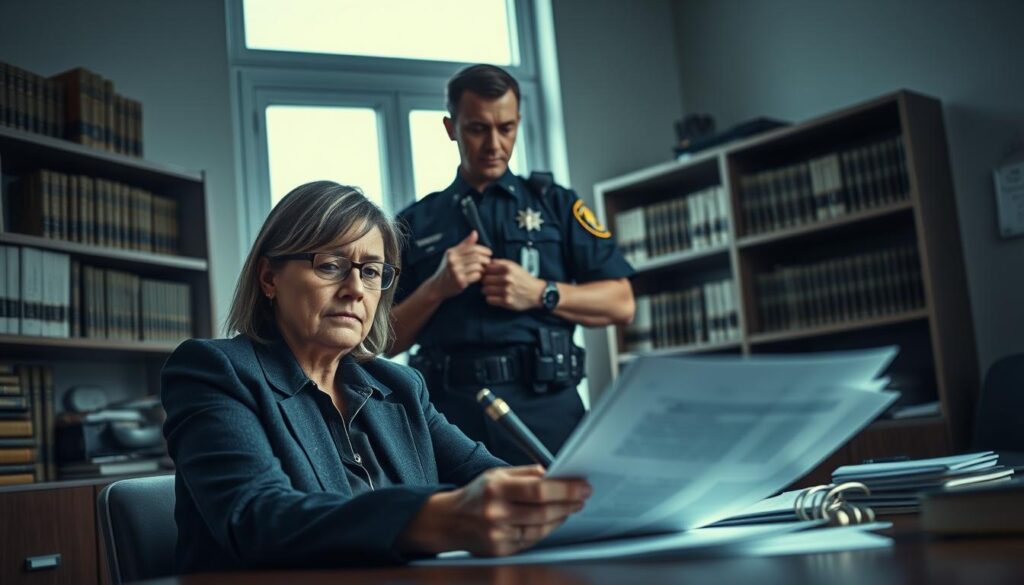 A tense legal investigation scene focused on a school office. In the foreground, a concerned teacher in professional attire is sitting at a desk, looking through documents, with a pen in hand. The middle layer features a police officer standing beside her, showing a badge, as they discuss the details of the case. The background reveals shelves filled with law books and a large window letting in soft, natural light, creating a serious and contemplative atmosphere. The colors are muted, with shadows casting dramatic lines, emphasizing the weight of the situation. The image captures suspicion and urgency, making it clear that legal proceedings are underway.