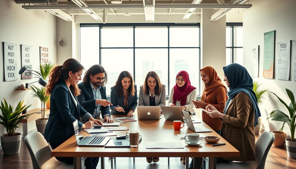 A vibrant and engaging workspace illustrating practical tips for finding flexible job opportunities. In the foreground, a diverse group of professionals in business attire and modest casual clothing are collaborating over a table filled with laptops, notes, and coffee cups. One person is pointing at a laptop screen while another takes notes. In the middle ground, the setting features a modern office with large windows allowing natural light to flood the room, plants for a touch of greenery, and motivational posters on the walls. The background includes a cityscape view, symbolizing opportunities beyond traditional offices. The lighting is bright and warm, creating an inviting atmosphere that encourages teamwork and creativity. The overall mood is dynamic and inspiring, emphasizing professionalism and adaptability in the job search.