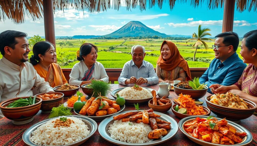 A vibrant and inviting scene showcasing legendary Javanese cuisine, featuring a beautifully arranged traditional dining table. In the foreground, a colorful array of dishes like Nasi Gudeg, Sate Ayam, and Rawon is displayed, garnished with fresh herbs and spices. In the middle, a group of people dressed in modest, traditional attire are enjoying the meal, sharing laughter and conversation, reflecting warmth and hospitality. The background reveals a scenic Javanese landscape with lush rice paddies and a picturesque volcano under a bright blue sky, complemented by soft, natural lighting that creates a welcoming atmosphere. The composition captures the essence of Javanese culture through its food and communal spirit, inviting viewers to experience this culinary tradition.