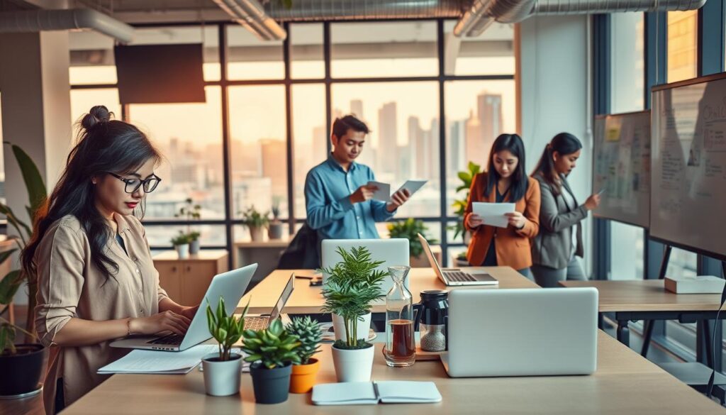 A vibrant co-working space depicting various flexible jobs in Indonesia. In the foreground, a diverse group of three professionals: a woman in smart casual attire working on a laptop, a man in business casual reading a document, and a person in a creative outfit sketching ideas. In the middle ground, contemporary desks with office plants and laptops, a coffee station, and a whiteboard with brainstorming notes. The background features large windows letting in warm, natural light, with a view of a bustling city skyline. The scene conveys a productive yet relaxed atmosphere, showcasing the essence of flexible work environments. Soft, diffused lighting enhances the inviting mood, photographed from a slightly elevated angle to capture the collaborative spirit.