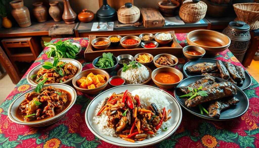 A vibrant spread of traditional Sumateran cuisine on a richly patterned batik tablecloth. In the foreground, highlight dishes like Rendang, Nasi Padang, and Square-shaped Lapek Bugis, artistically arranged with fresh herbs and spices accentuating their colors. In the middle ground, showcase a rustic wooden serving tray filled with colorful sambals and accompaniments, with intricately designed bowls and plates. The background features a warm, softly lit kitchen setting with traditional Indonesian utensils and woven baskets, providing a homely atmosphere. Use natural, warm lighting to create a cozy, inviting mood that emphasizes the rich culinary heritage of Sumatera. Opt for a slightly overhead angle to capture the entire spread, ensuring textures and colors are vivid and appealing.