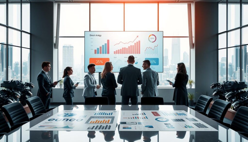 A visually engaging representation of "fungsi strategi bisnis" within a corporate setting. In the foreground, a diverse group of professionals, dressed in smart business attire, are engaged in a dynamic discussion around a modern conference table, surrounded by charts and graphs that depict growth and strategy. In the middle background, a large digital screen displays key metrics and business strategy elements, providing context and depth. The background features an elegant office with large windows showcasing a city skyline, with soft, natural light streaming in, creating an energetic and optimistic atmosphere. The composition should evoke a sense of collaboration and innovation, highlighting the importance of effective business strategy in achieving success.