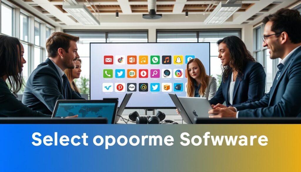 A professional and informative setting focusing on the theme of selecting open-source software. In the foreground, a diverse group of individuals in business attire is engaged in a collaborative discussion, surrounded by laptops displaying various software interfaces. In the middle ground, a large digital board presents icons of popular open-source software with vibrant colors and clear visuals, symbolizing choice. The background features a bright and modern office environment with large windows allowing natural light to flood the space, creating an uplifting atmosphere. The scene is captured from a slightly elevated angle, highlighting the interaction and dynamic atmosphere. The overall mood is focused and inspiring, conveying teamwork and innovation in technology.