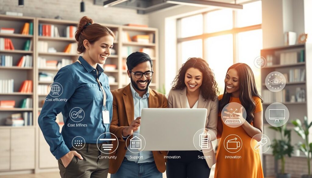 A vibrant and informative illustration showing the benefits of open-source software. In the foreground, a diverse group of three professionals—one Caucasian woman, one Hispanic man, and one Black woman—are gathered around a laptop, engaged in a collaborative discussion, showcasing excitement and enthusiasm. They are dressed in smart casual attire. In the middle ground, various icons representing open-source benefits, such as cost efficiency, community support, and innovation, are artistically integrated into the scene. The background features a modern office setting with shelves filled with books and tech-related elements, enhanced by soft natural lighting filtering through a large window. The overall atmosphere is dynamic and optimistic, reflecting inspiration and collaboration in technological advancement.